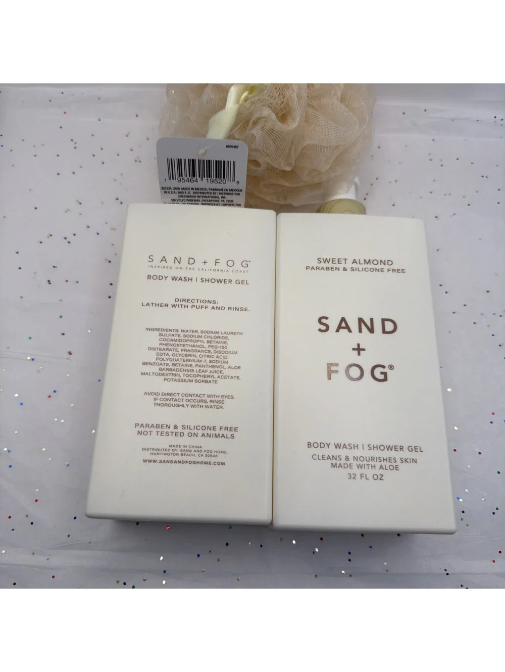 Sand + Fog Sweet Almond Body Wash 32oz 2 Pack Hydrating + Bonus Bath Sponge